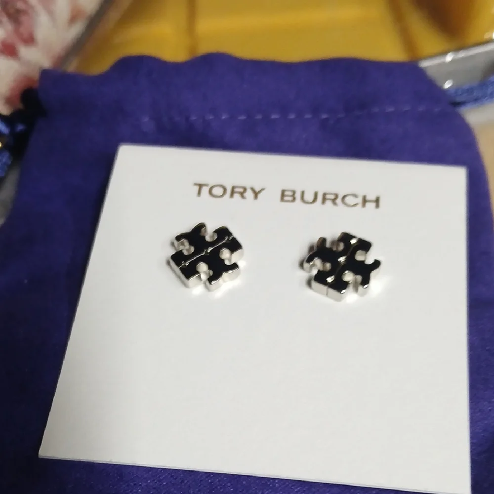 Tory Burch Black and Silver Logo Earrings With Dusty